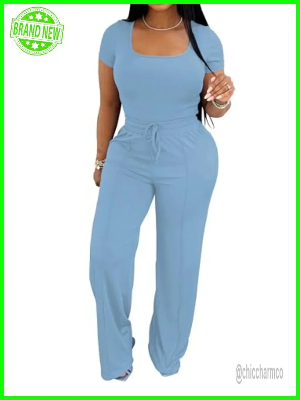 2 Piece Lounge Set Short Sleeve Square Neck Top High Waist Wide Leg Pants